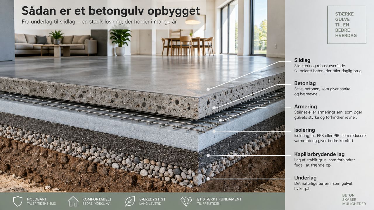 Tværsnit af et betongulvs opbygning med lag fra det naturlige underlag til det polerede slidlag.