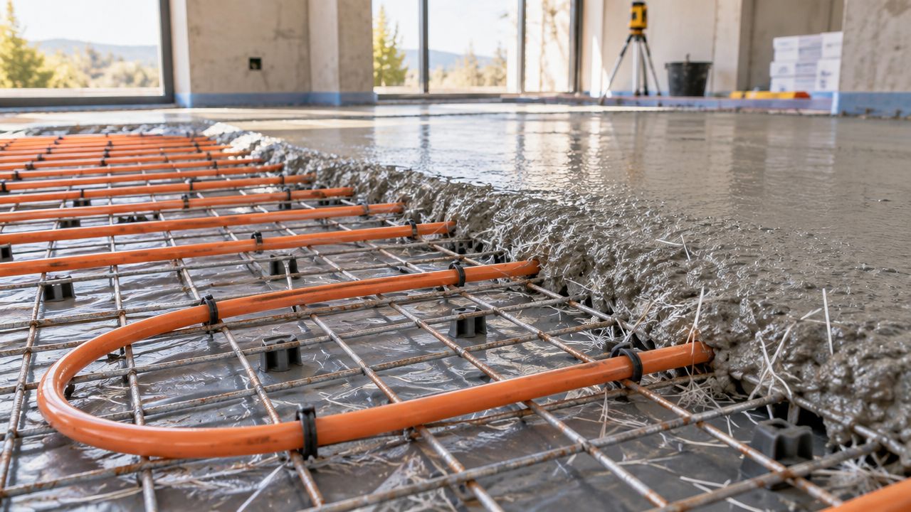 Installation af gulvvarmerør i stålnet, som er ved at blive dækket med frisk flydemørtel til betongulv.
