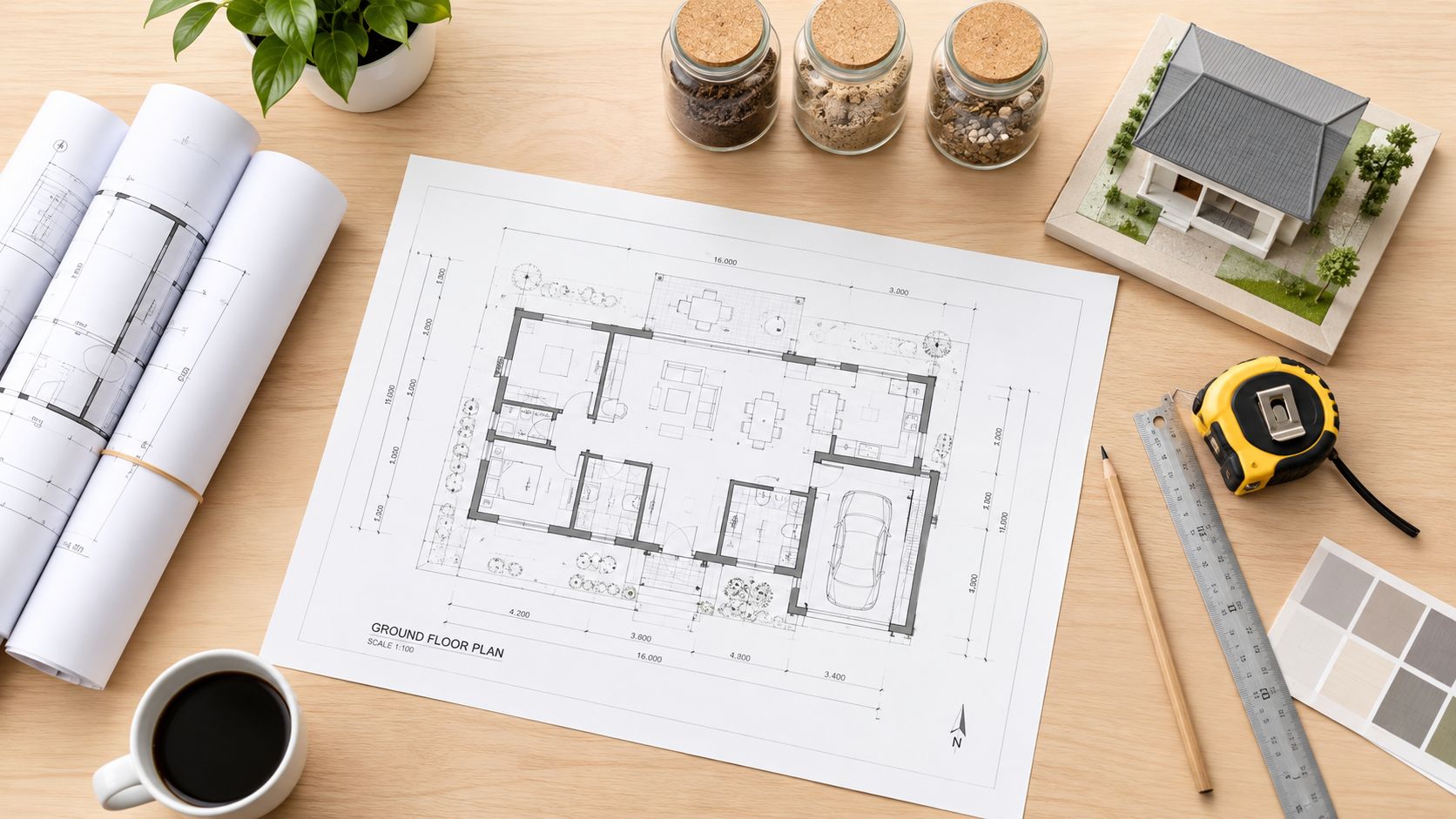 En detaljeret plantegning af et hus placeret på et træbord sammen med arkitektoniske værktøjer og en husmodel.