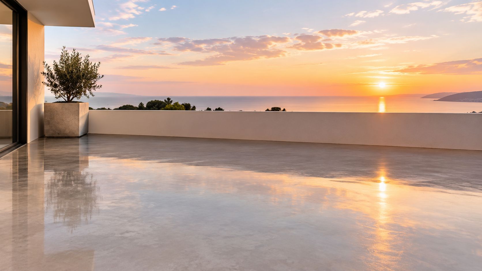 Moderne terrasse med støbt betongulv og udsigt til en smuk solnedgang over havet.