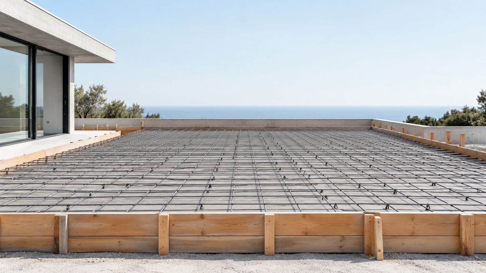 Forberedelse af støbning af en stor betonterrasse med armeringsjern og træforskalling foran et moderne hus med havudsigt.