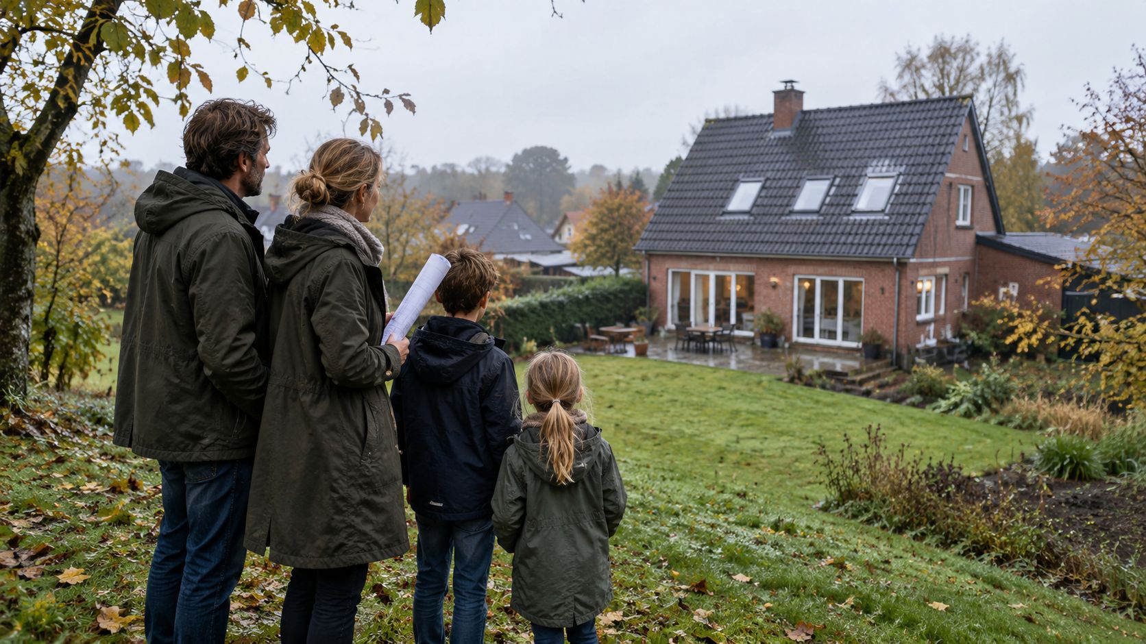 En familie kigger ud over en baghave med et murstenshus, mens de holder plantegninger til renovering.