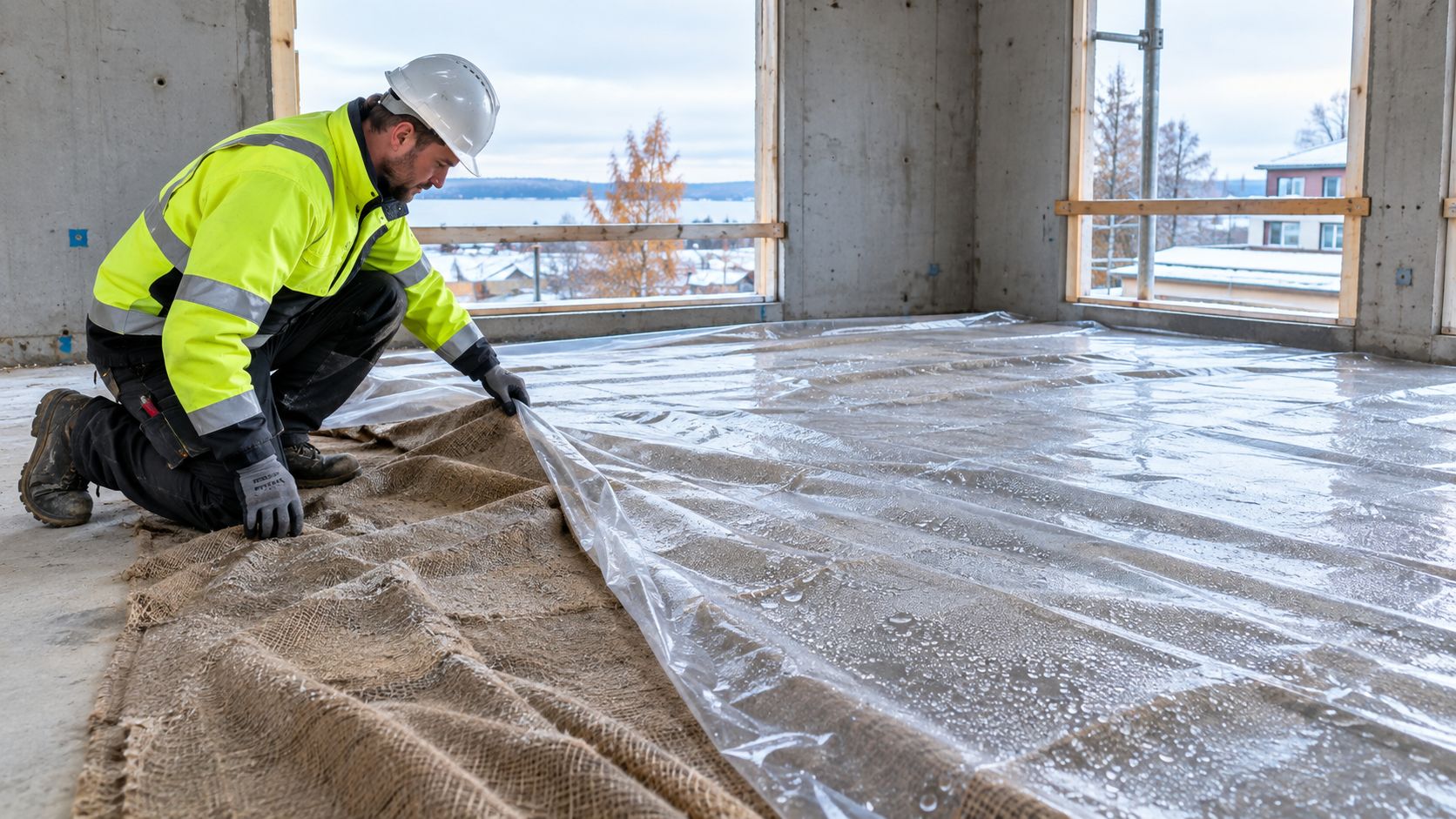 Bygningsarbejder i sikkerhedsudstyr lægger beskyttende filt og plastik på et nystøbt betongulv under byggeriet af et nyt hus.
