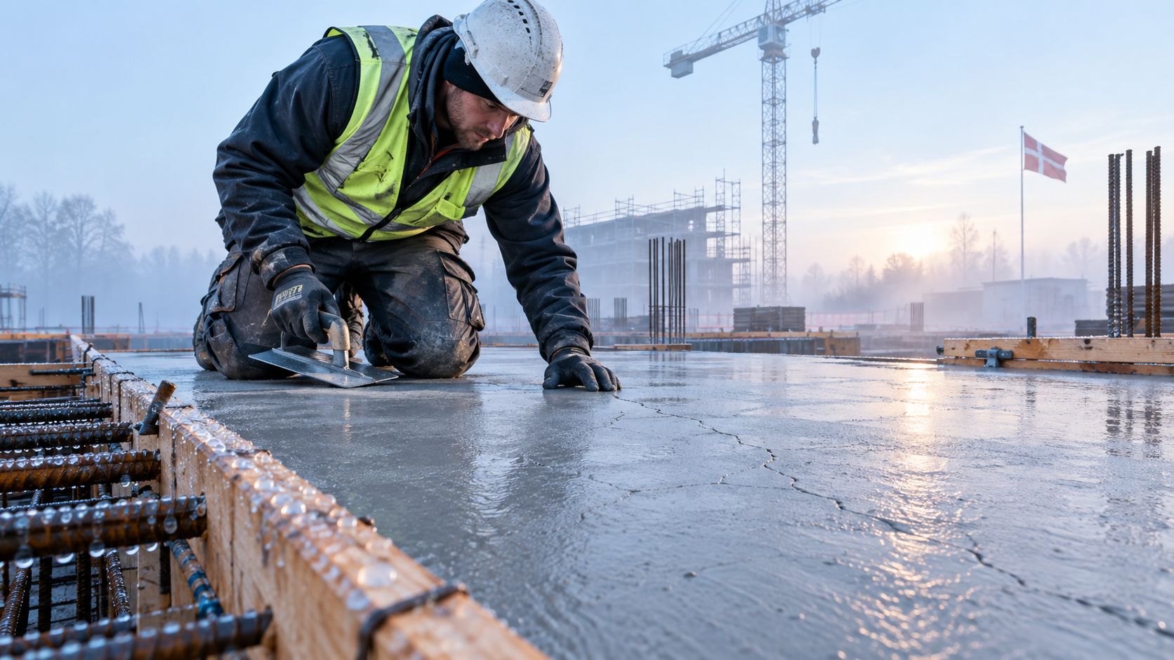 En bygningsarbejder udfører finisharbejde på et betonfundament med tydelige revner i overfladen på en byggeplads.