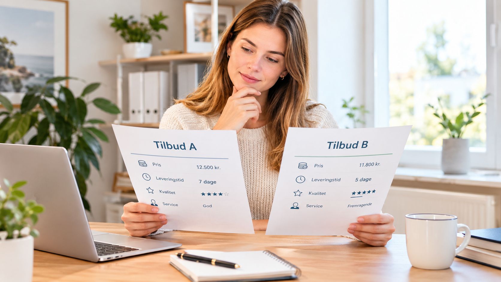 En kvinde sidder ved sit skrivebord og sammenligner to forskellige tilbud på papir med hinanden.