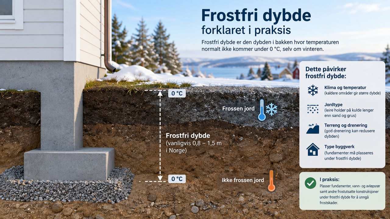 Illustrasjon som viser frostfri dybde i grunnen for fundamenter og rørledninger i et norsk vinterlandskap.