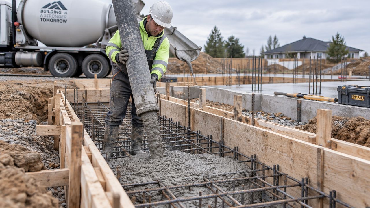 En bygningsarbejder støber et betonfundament til en tilbygning ved hjælp af en betonkanon på en byggeplads.