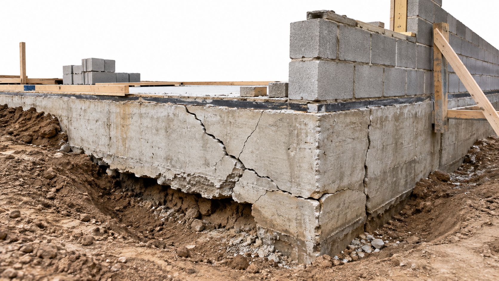 Et beskadiget betonfundament til en tilbygning med tydelige revner og undermineret jord under konstruktionen.