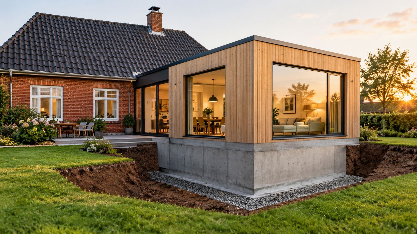 Moderne tilbygning med træfacade og synligt betonfundament i en velplejet have ved et klassisk murstenshus ved solnedgang.