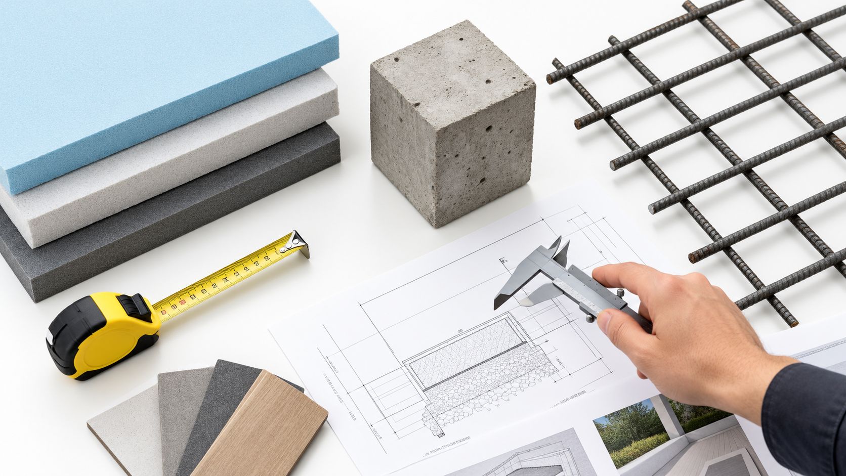 Byggematerialer som isoleringsplader, betonterning, armeringsnet og tegninger med måleudstyr til terrændæk opbygning på et hvidt bord.