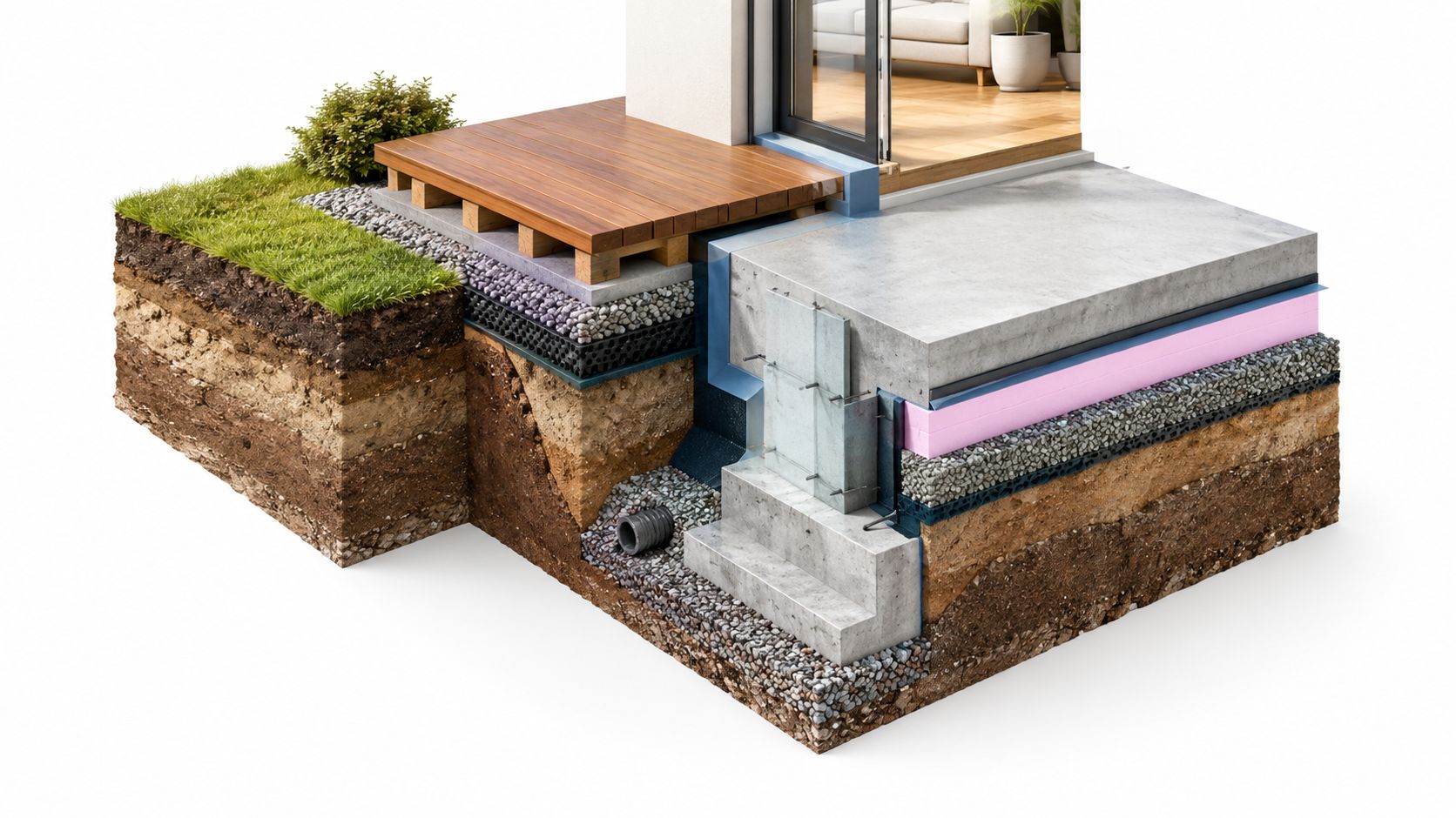 Tværsnit af en boligkonstruktion, der viser opbygning af terrændæk, fundament, isolering og dræningslag under en træterrasse.