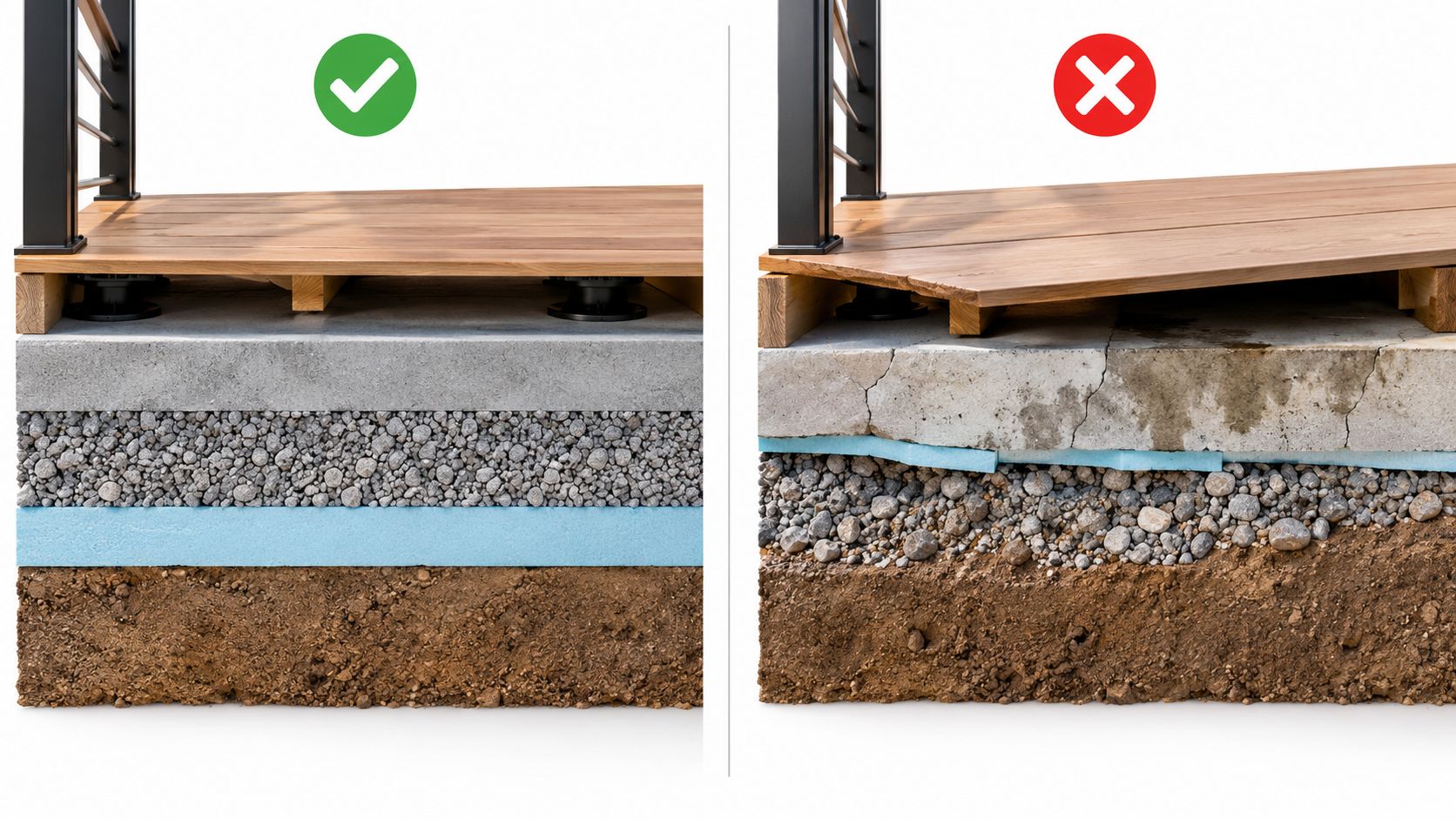 Illustration af korrekt og ukorrekt opbygning af terrændæk med isolering, grus og betonfundament for korrekt dræning.