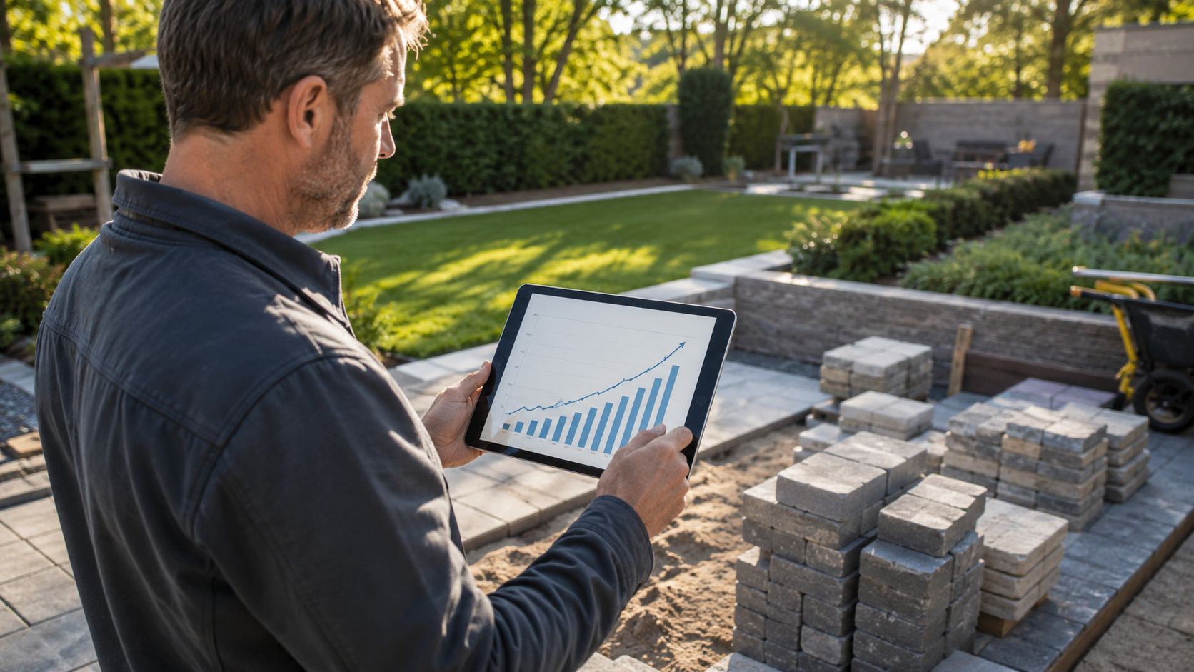 En anlægsgartner holder en tablet med en graf over vækst, mens han arbejder på et terrasseprojekt i haven.