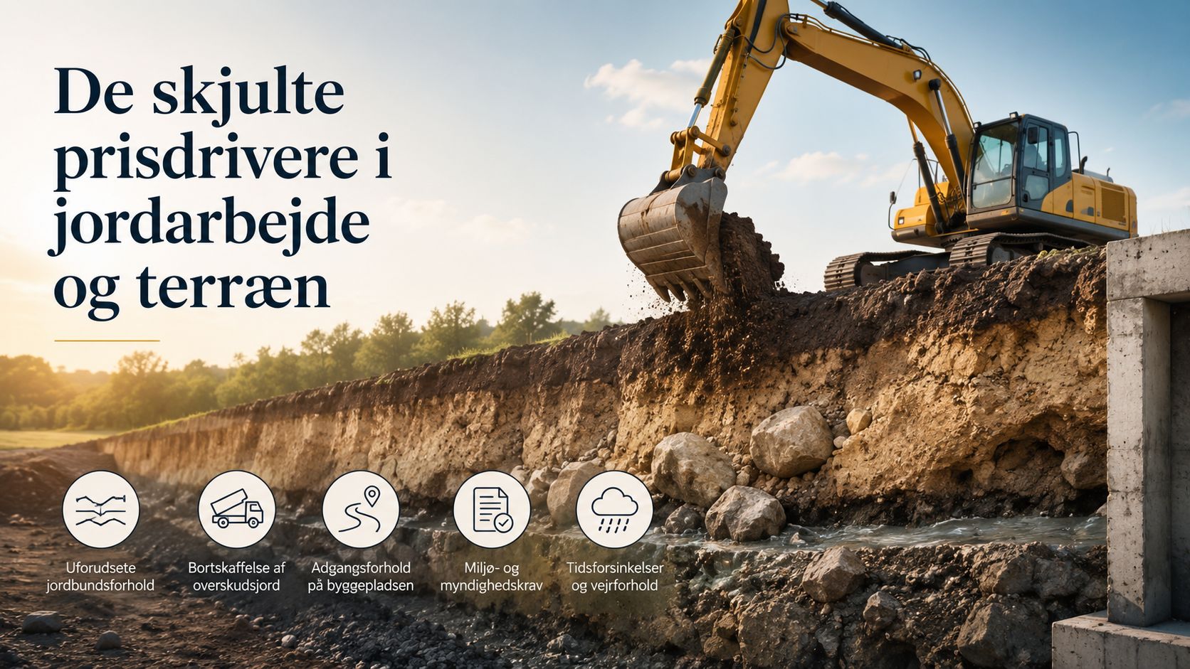 En gravemaskine arbejder i en udgravning med ikoner, der viser skjulte omkostninger ved jordarbejde og terræn.