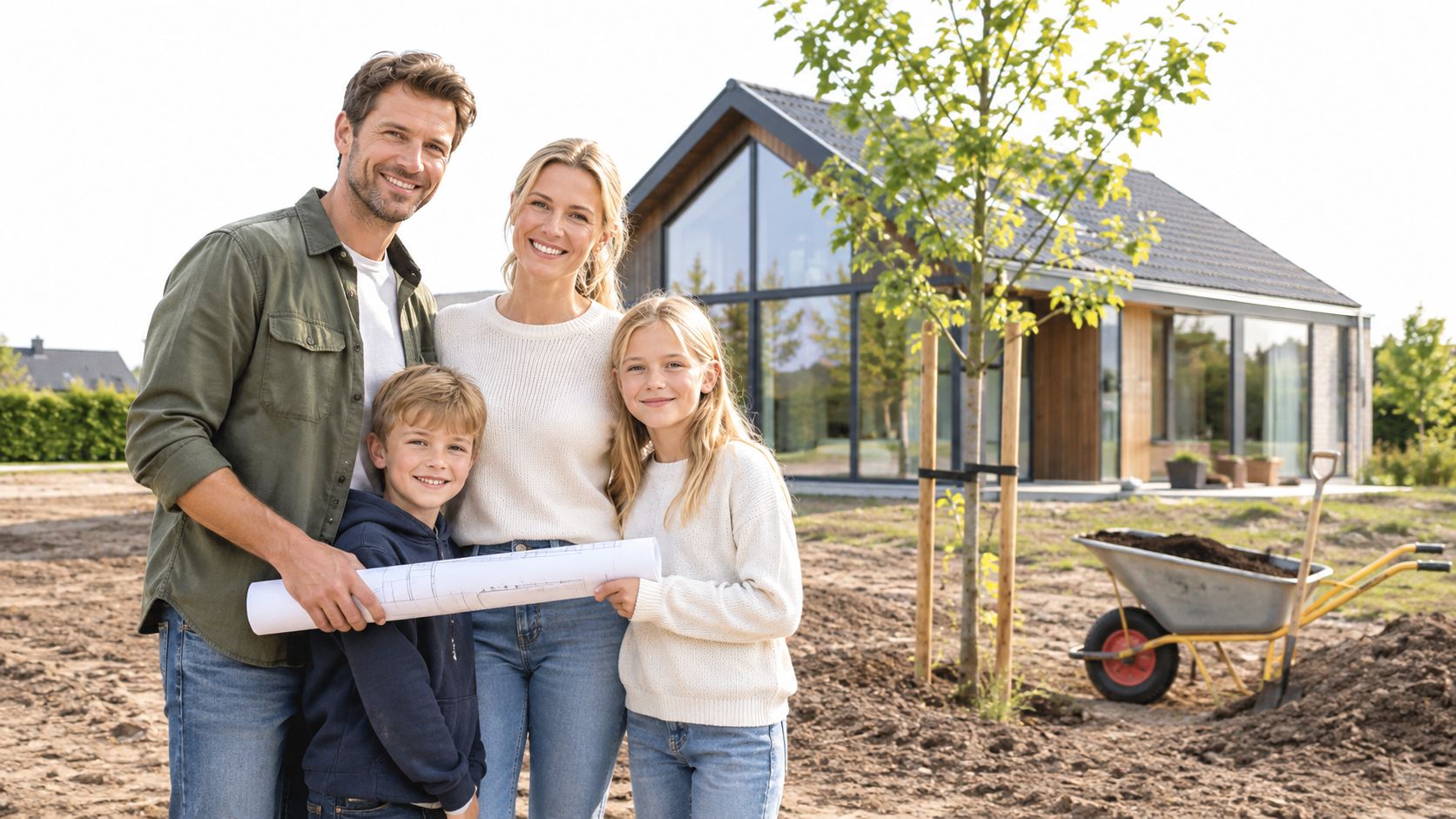 En lykkelig familie står foran deres nye drømmehus og holder en plantegning med en trillebør i baggrunden