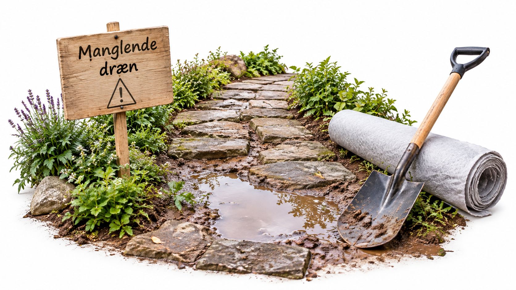 Træskilt med teksten 'Manglende dræn' placeret ved siden af en mudret havesti med en spade og fiberdug.