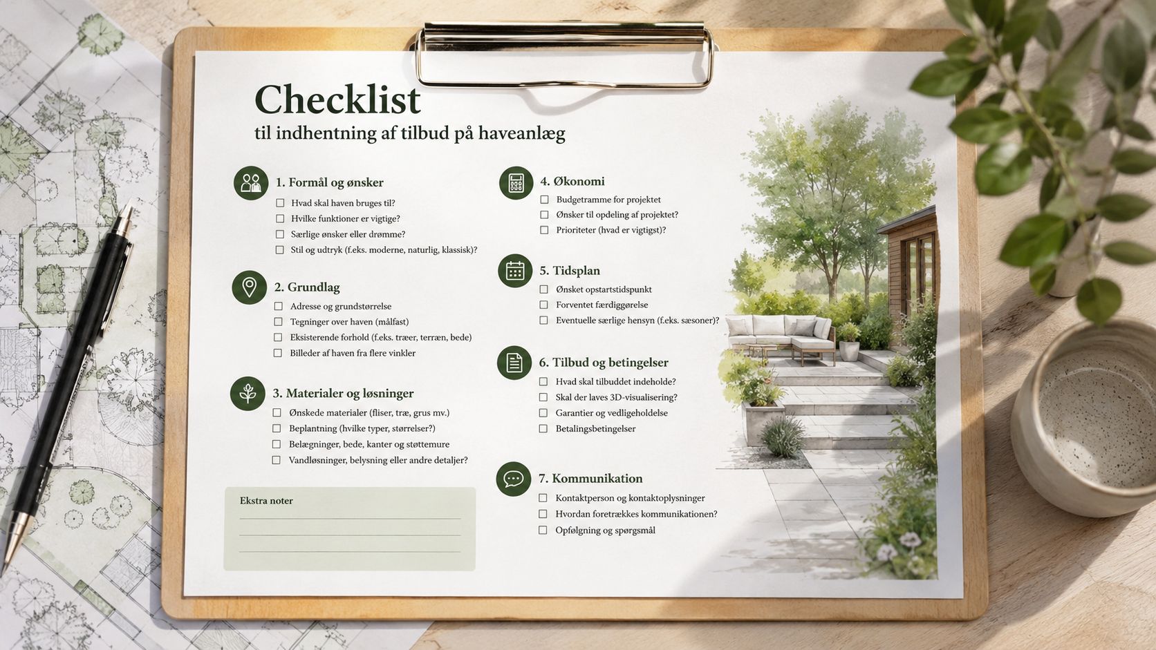 Tjekliste på en clipboard til indhentning af tilbud på haveanlæg med relevante punkter for haveprojektet.