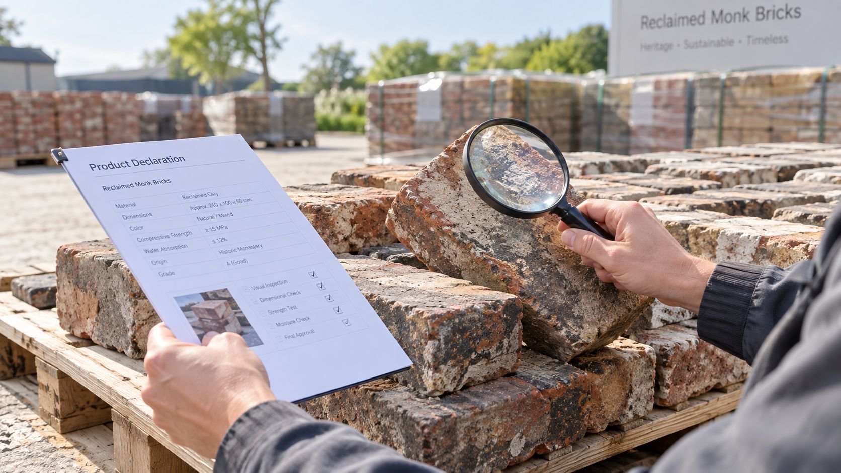 En person inspicerer gamle munkesten med et forstørrelsesglas og gennemgår en produktdeklaration for kvalitetssikring af belægningssten.