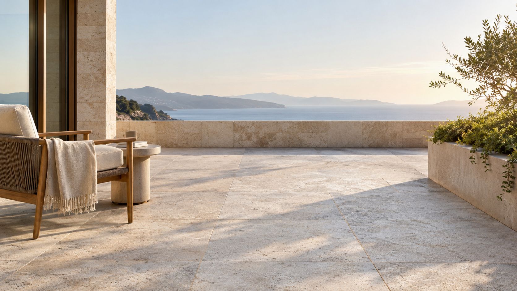 En elegant terrasse med beige stenfliser, en komfortabel stol og en fantastisk udsigt over havet ved solnedgang.