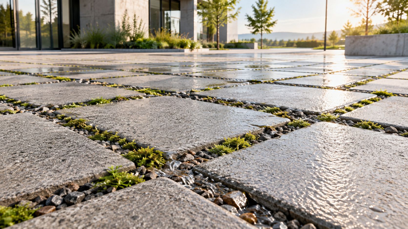 Moderne terrassebelægning af kvadratiske betonfliser med småsten og mos i fugerne på en solskinsdag.