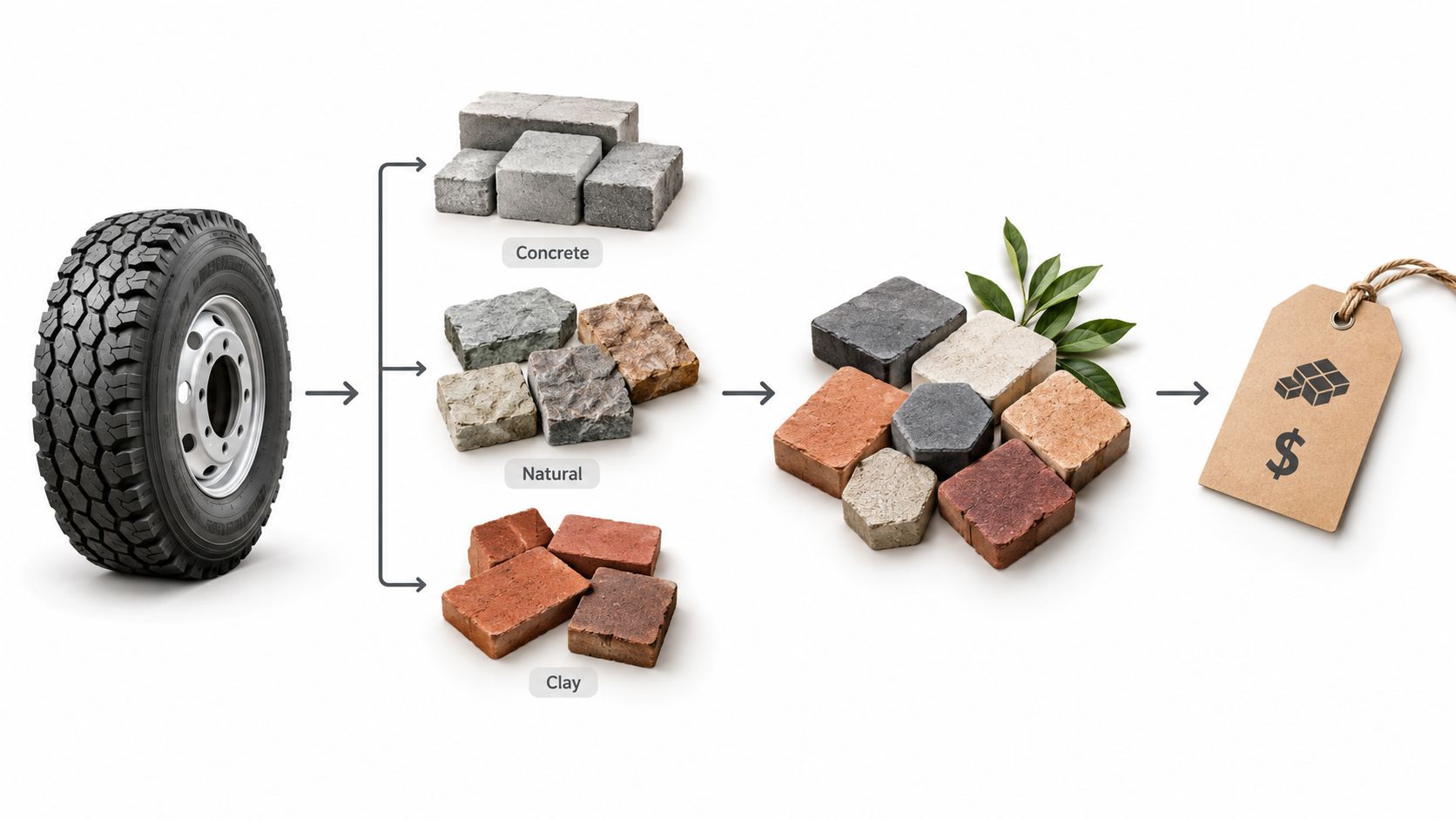 Illustration der viser processen fra et dæk til forskellige typer belægningssten, herunder beton, natursten og ler.