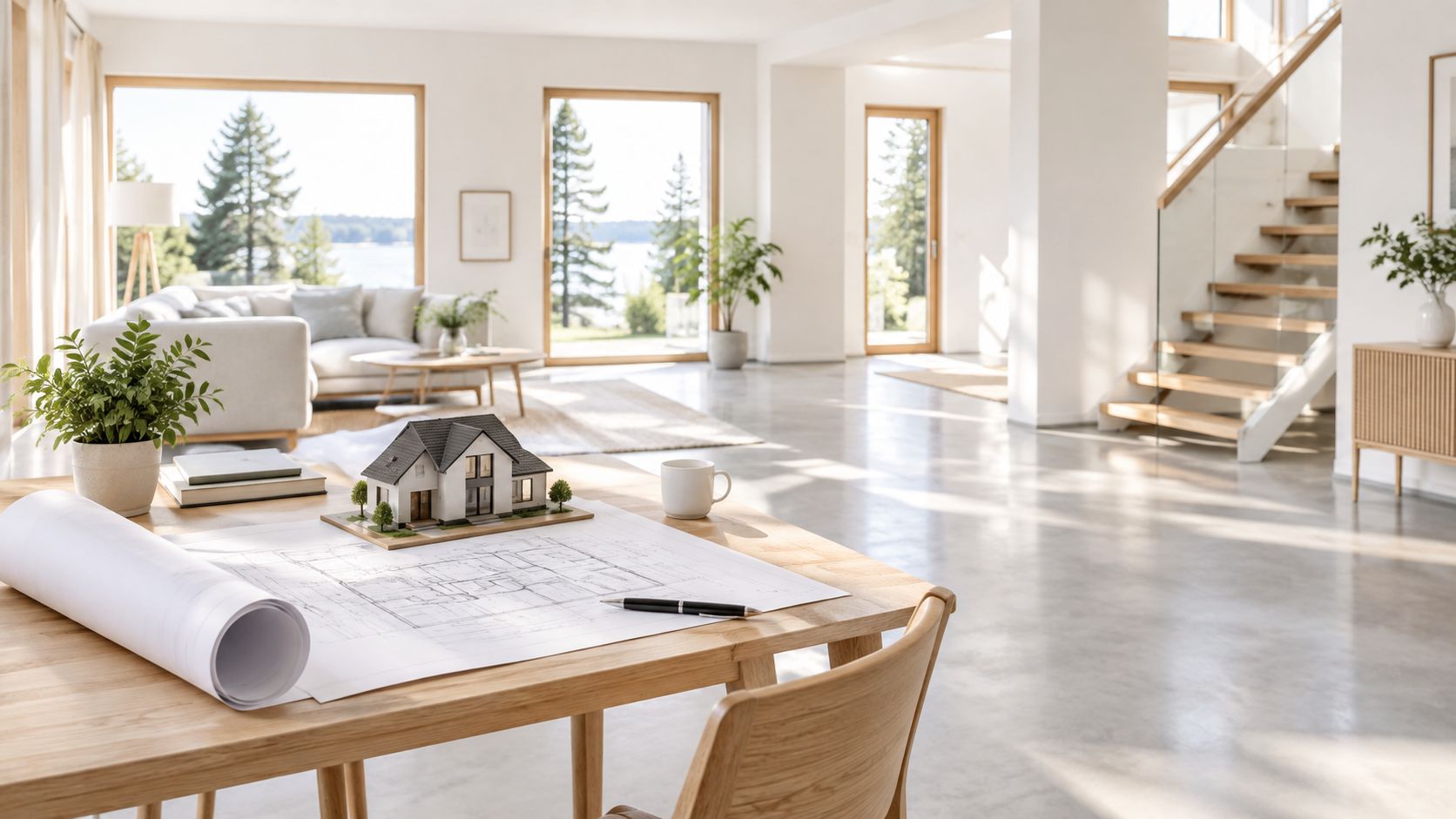 En model af et hus placeret på byggetegninger på et træbord i en moderne lys boligindretning.