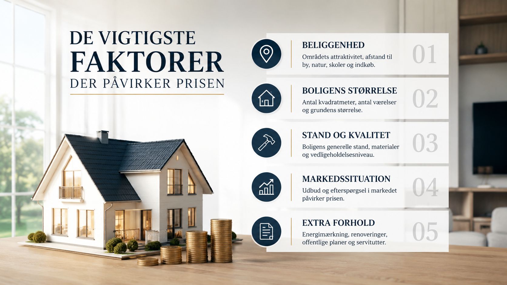En grafisk oversigt over de fem vigtigste faktorer, der påvirker prisen ved salg af en bolig.