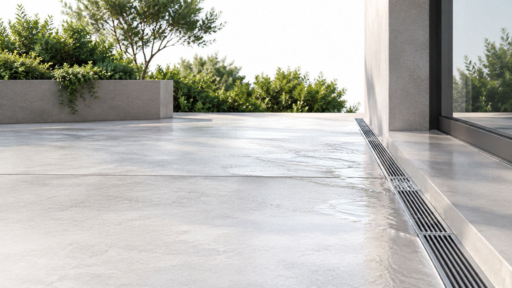 En moderne terrasse støbt i beton med et integreret dræn foran en stor glasskydedør med grønne planter.