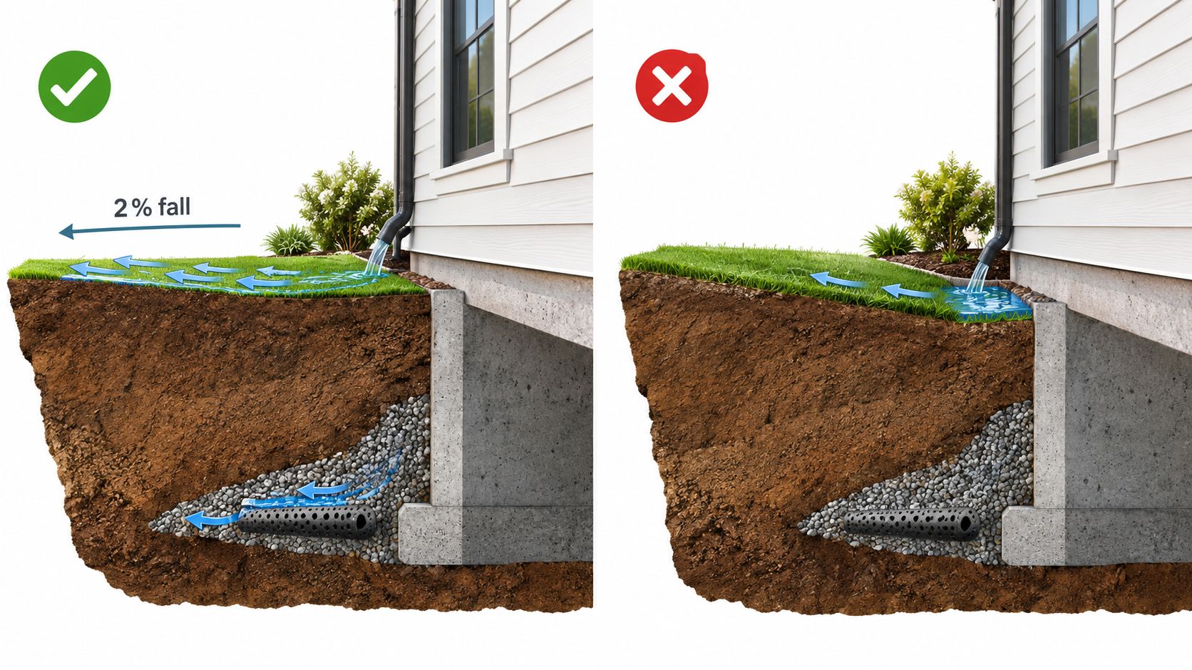 Illustration der viser korrekt terrænregulering for at lede vand væk fra husets fundament i stedet for mod det.
