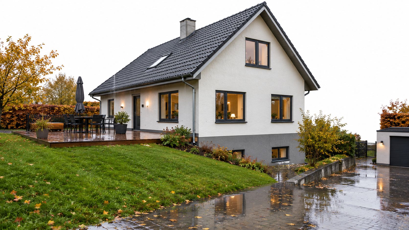Et moderne hvidt parcelhus med sort tegltag og en flot træterrasse på en skrånende grund i efterårsvejr.