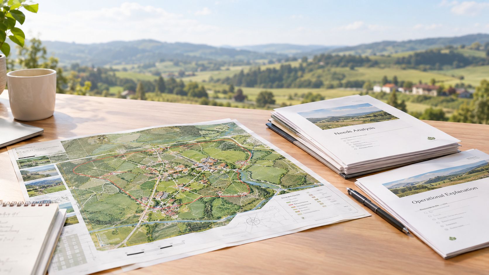 Et skrivebord med landbrugskort, projektplaner og en kop kaffe med udsigt over et bakket grønt landskab.