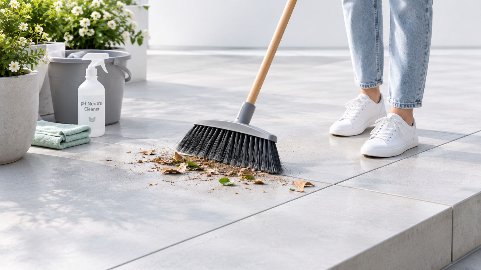 En person fejer tørre blade og snavs væk fra en moderne støbt beton terrasse med en kost.