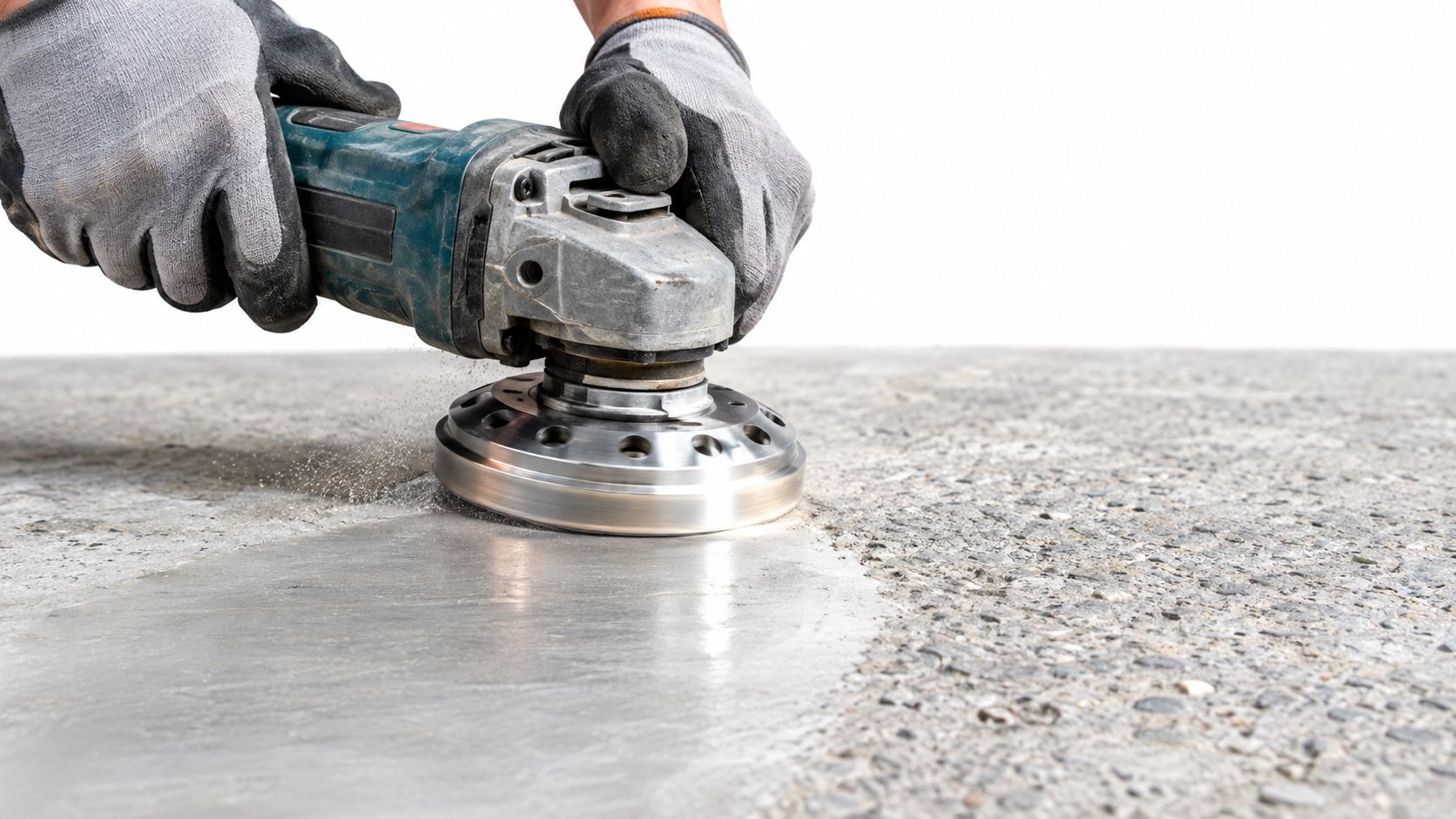 En person bruger en vinkelsliber med slibeskive til at glatte og efterbehandle en overflade af grov beton.