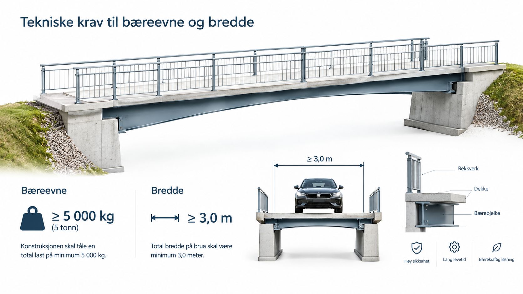 En illustration der viser tekniske krav til en bro med minimum 5000 kg bæreevne og 3 meter bredde.