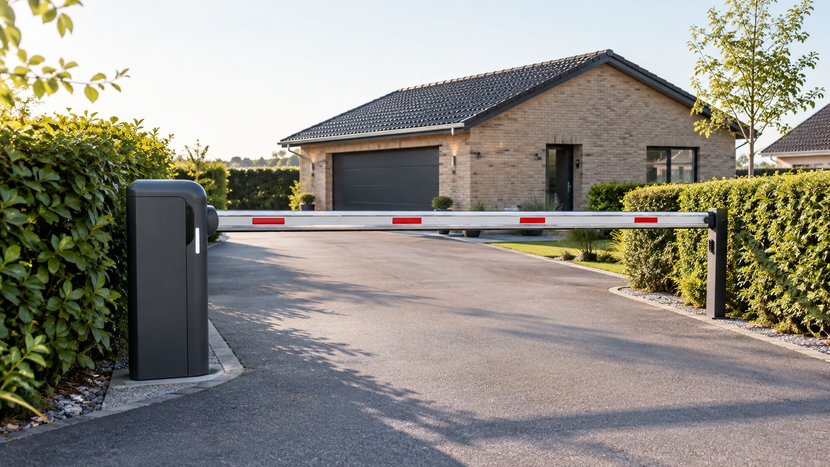 En moderne automatisk bom til indkørsel placeret foran en privat bolig på en solskinsdag.