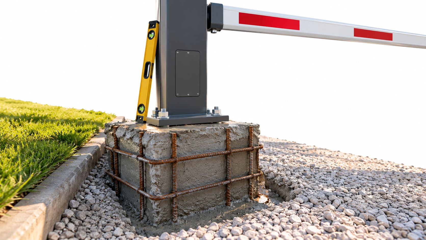 En barrierebom til indkørsel monteres på et betonfundament med armeringsjern og et vaterpas til nivellering.
