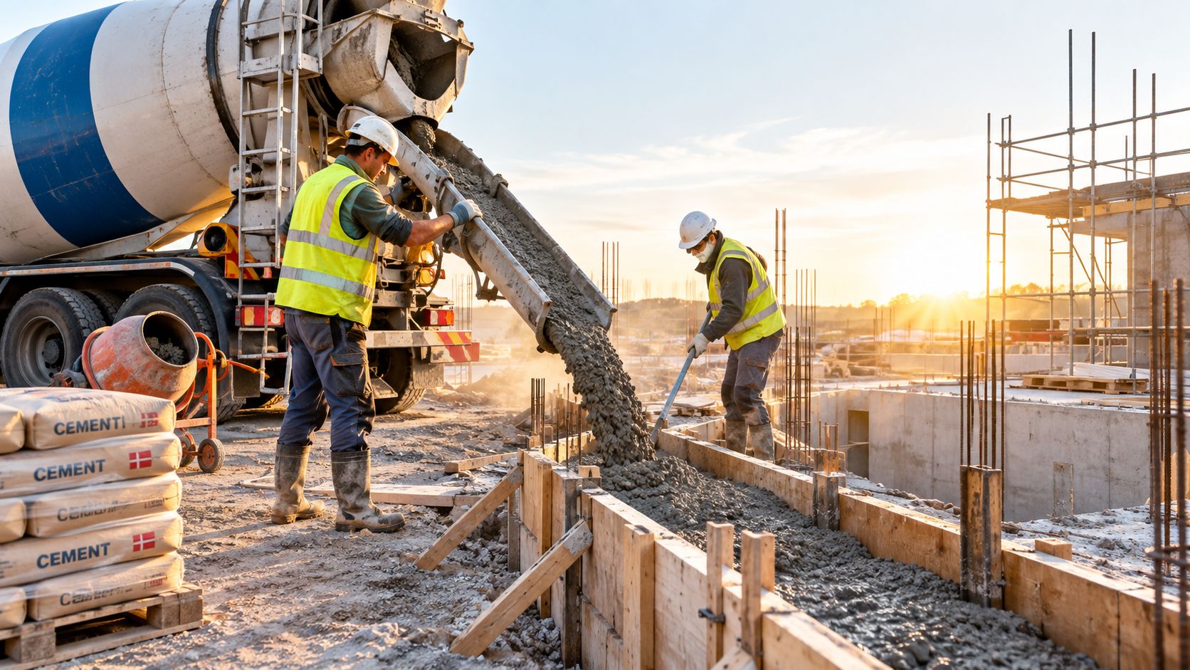 To bygningsarbejdere i sikkerhedsudstyr støber beton fundament på en byggeplads i det varme solskinslys ved solnedgang.