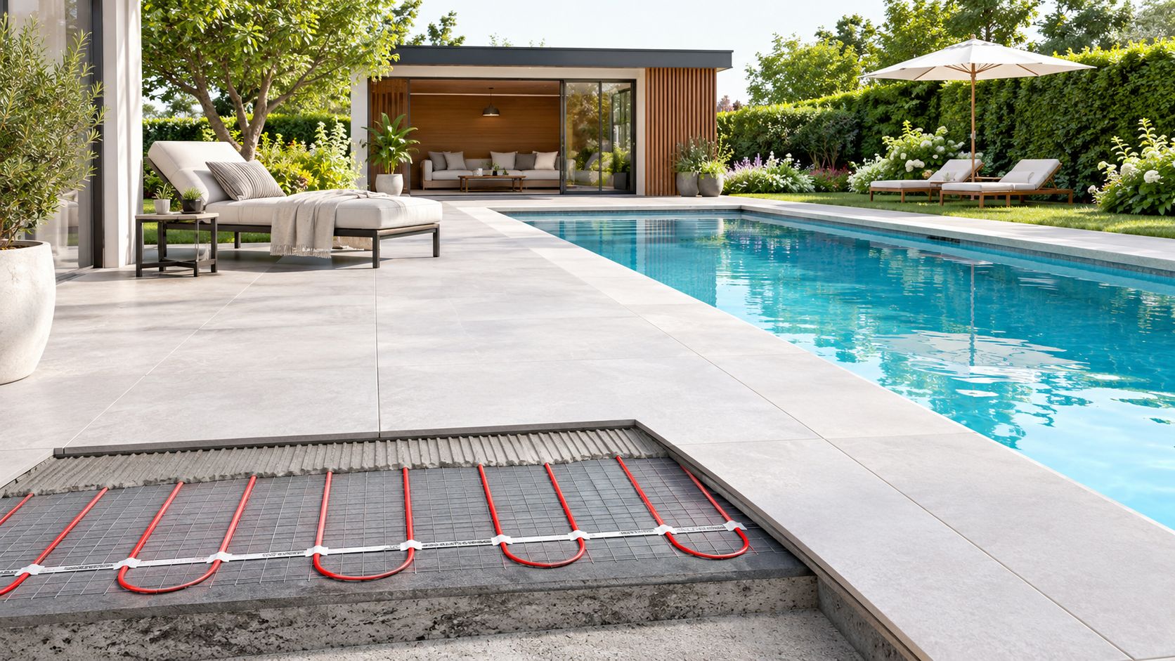 Et tværsnit af en moderne terrasse med gulvvarme installeret under fliserne ved siden af en swimmingpool.