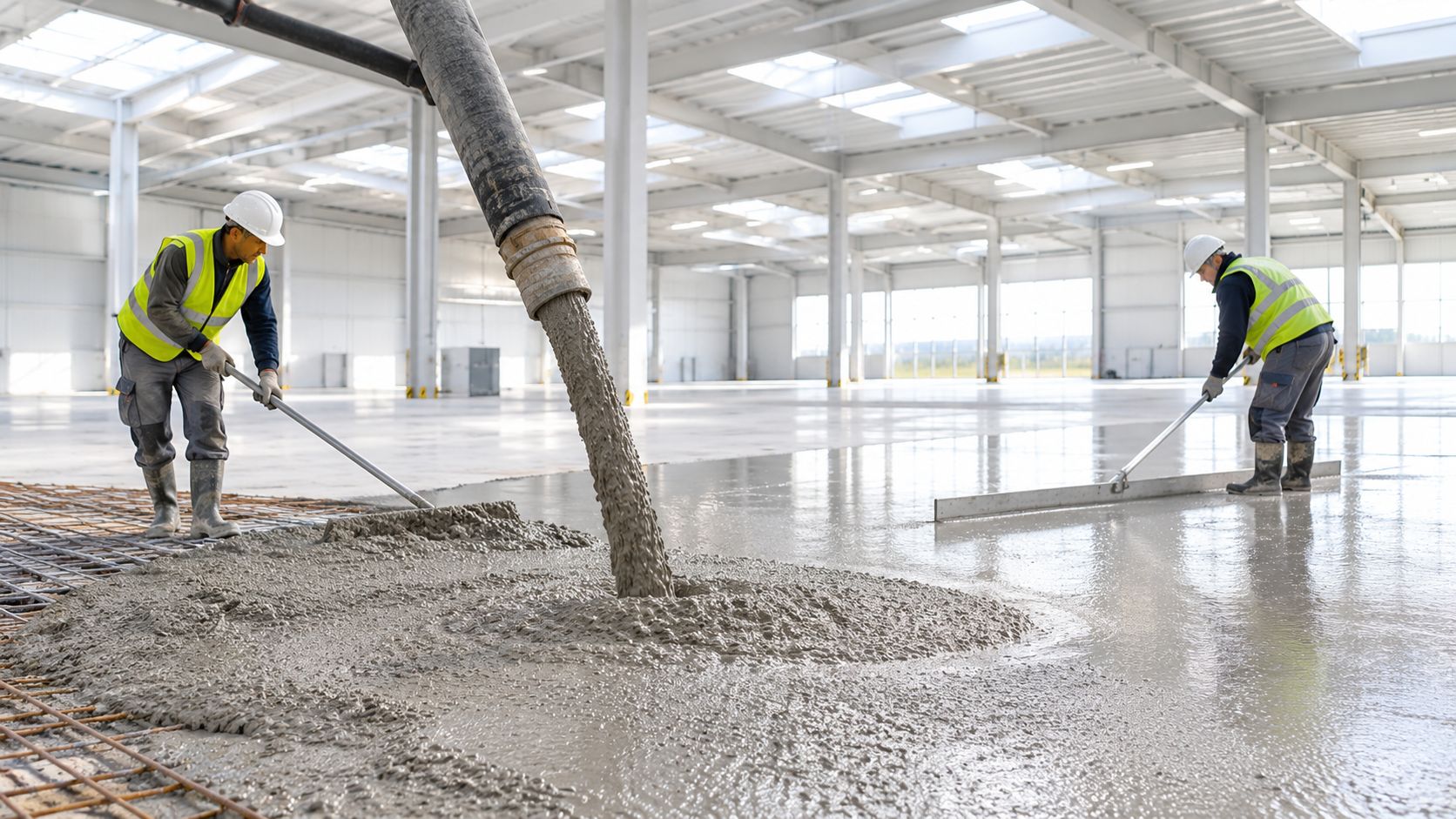 To byggearbejdere i sikkerhedsudstyr arbejder med støbning af et stort betongulv i en moderne lagerbygning med betonpumpe.