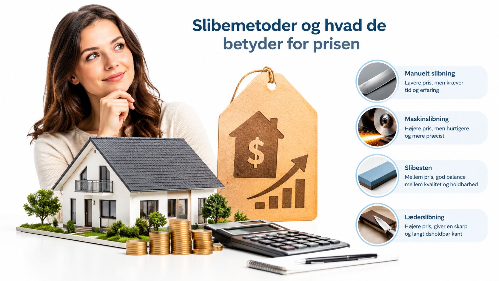 Illustration af en kvinde ved en model af et hus, der sammenligner forskellige slibemetoder og deres pris.