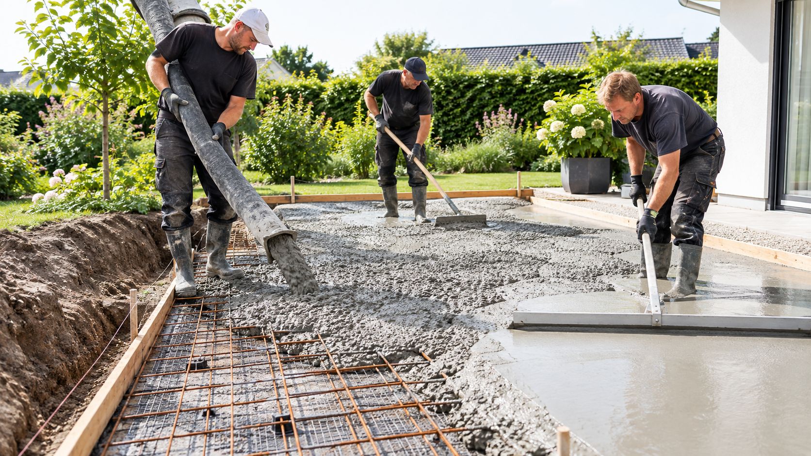Tre bygningsarbejdere støber en ny beton terrasse ved et hus med en grøn have i baggrunden.